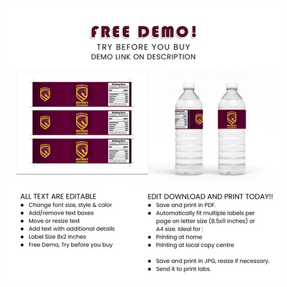 Brisbane Broncos Water Bottle Label Printable Digital Download