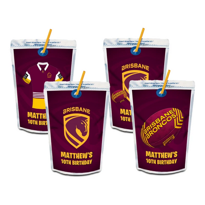 Brisbane Broncos juice pouch label mockup featuring a team birthday design attached to a silver pouch