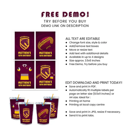 Brisbane Broncos Juice Pouch Label Printable Digital Download