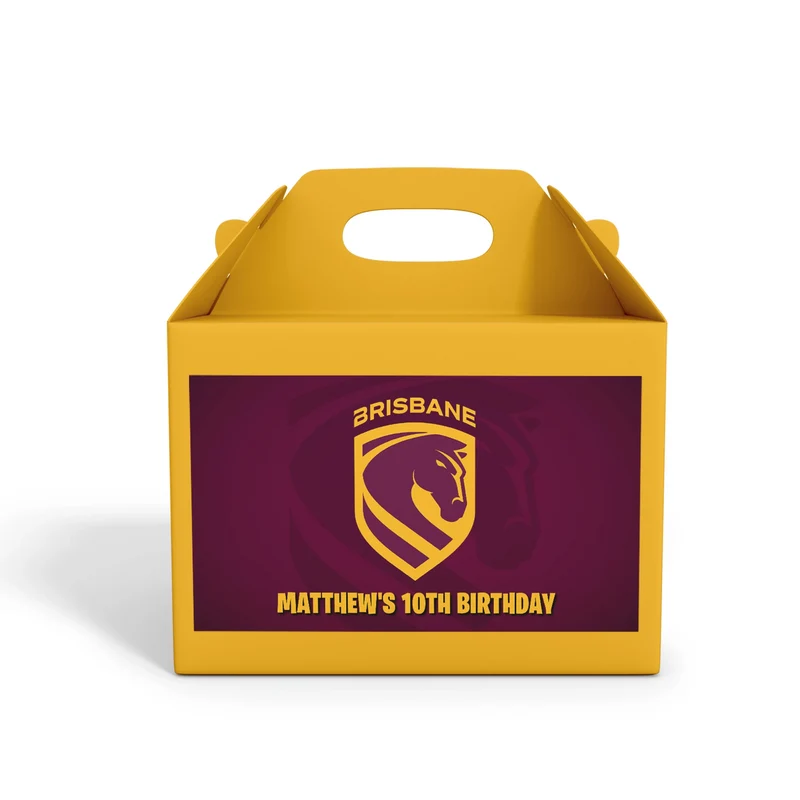 Brisbane Broncos treat box label showing a maroon custom design layout on a mini favor box container