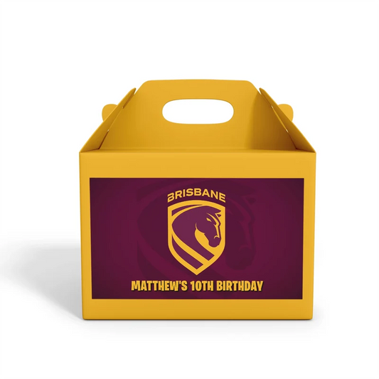Brisbane Broncos treat box label showing a maroon custom design layout on a mini favor box container