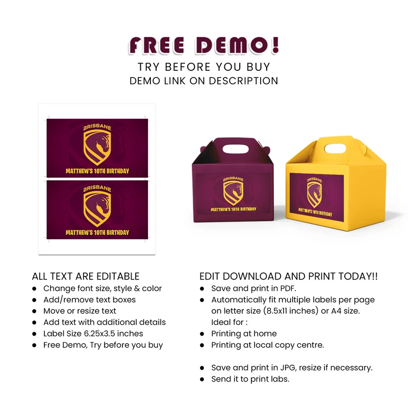 Brisbane Broncos Treat Box Label Printable Digital Download