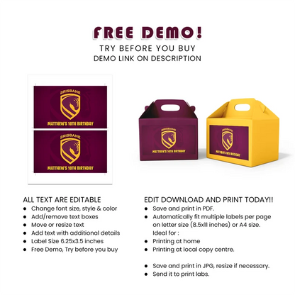 Brisbane Broncos Treat Box Label Printable Digital Download