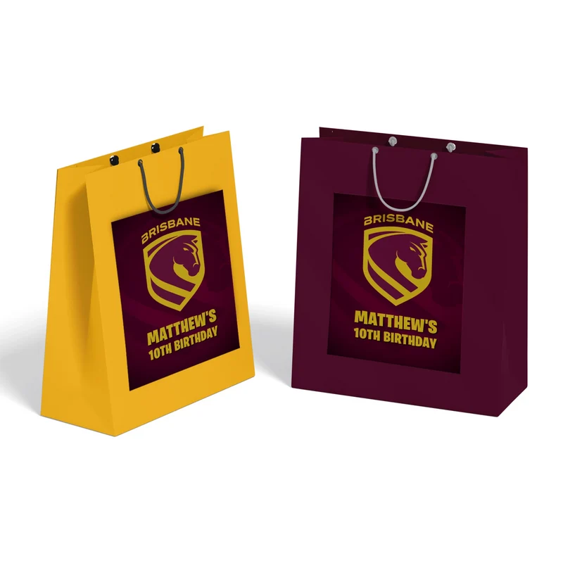Brisbane Broncos goodie bag label featuring a sports party theme design applied to a classic paper gift bag
