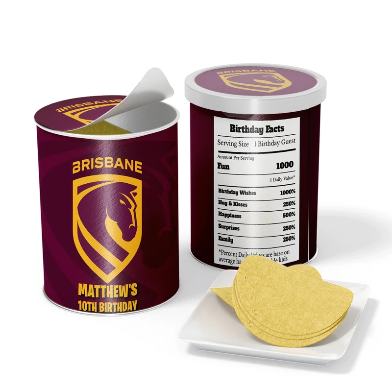 Brisbane Broncos small Pringles label wrap with team crest designs displayed on a miniature snack can