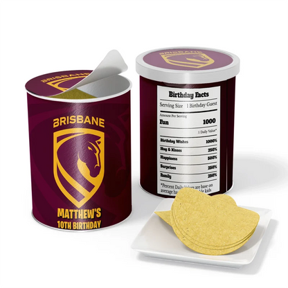 Brisbane Broncos small Pringles label wrap with team crest designs displayed on a miniature snack can