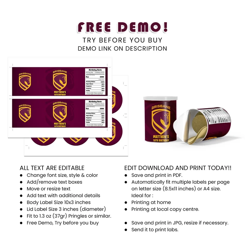 Brisbane Broncos Small Pringles Label Printable Digital Download