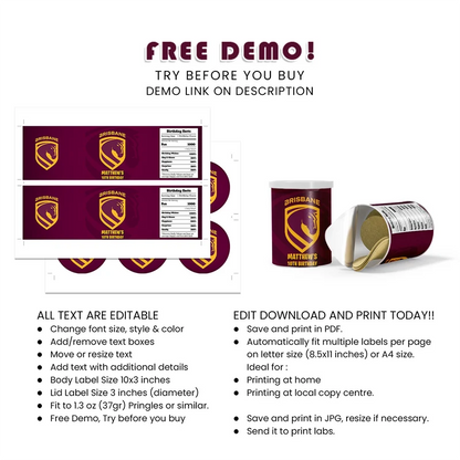 Brisbane Broncos Small Pringles Label Printable Digital Download