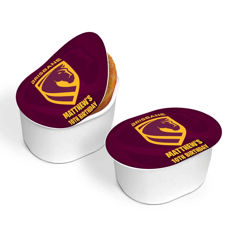 Brisbane Broncos mini Pringles label featuring a custom team design wrapper on a small stackable snack can