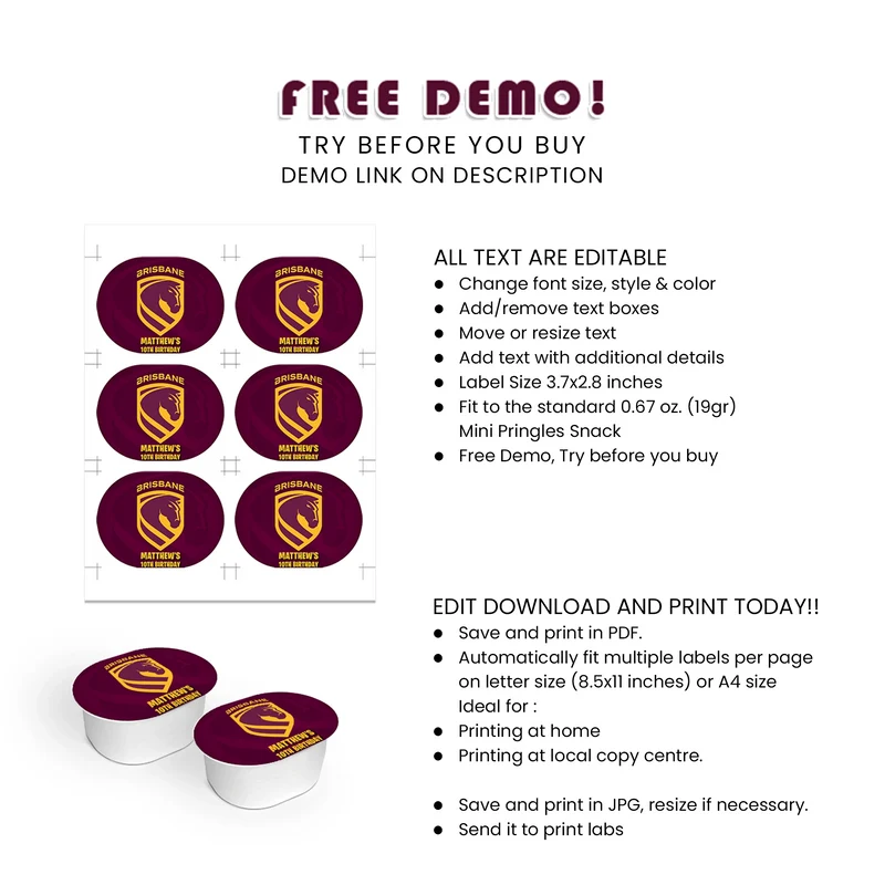 Brisbane Broncos Mini Pringles Label Printable Digital Download