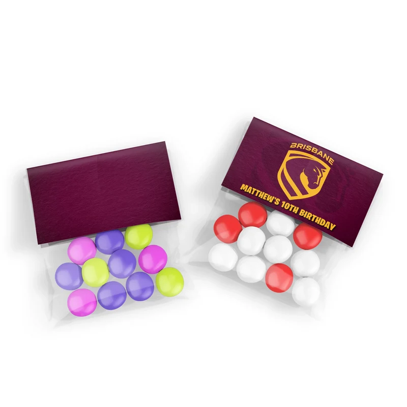 Brisbane Broncos treat bag topper label showing a folded team paper design sealing a clear candy pouch