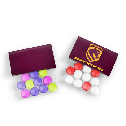 Brisbane Broncos treat bag topper label showing a folded team paper design sealing a clear candy pouch