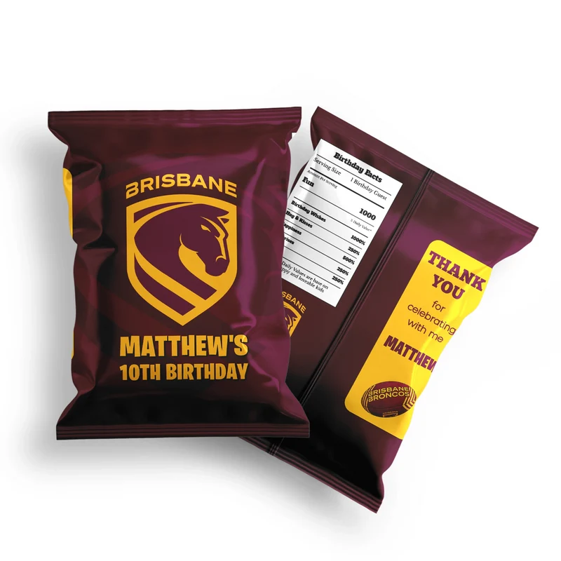 Brisbane Broncos chips bag label mockup displaying a custom snack bag layout on a clean background