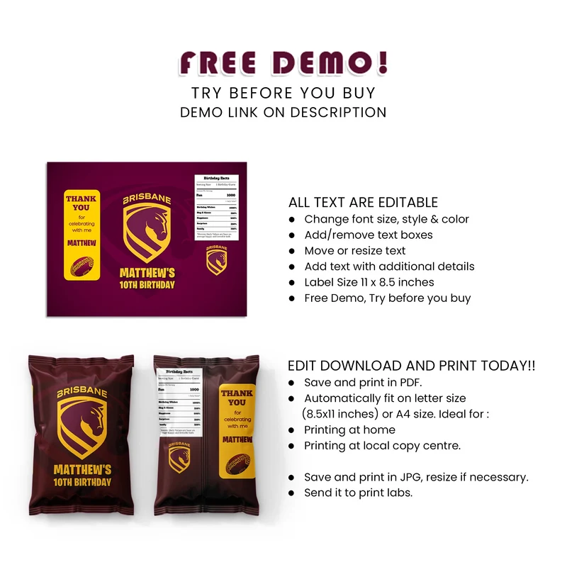 Brisbane Broncos Chips Bag Label Printable Digital Download