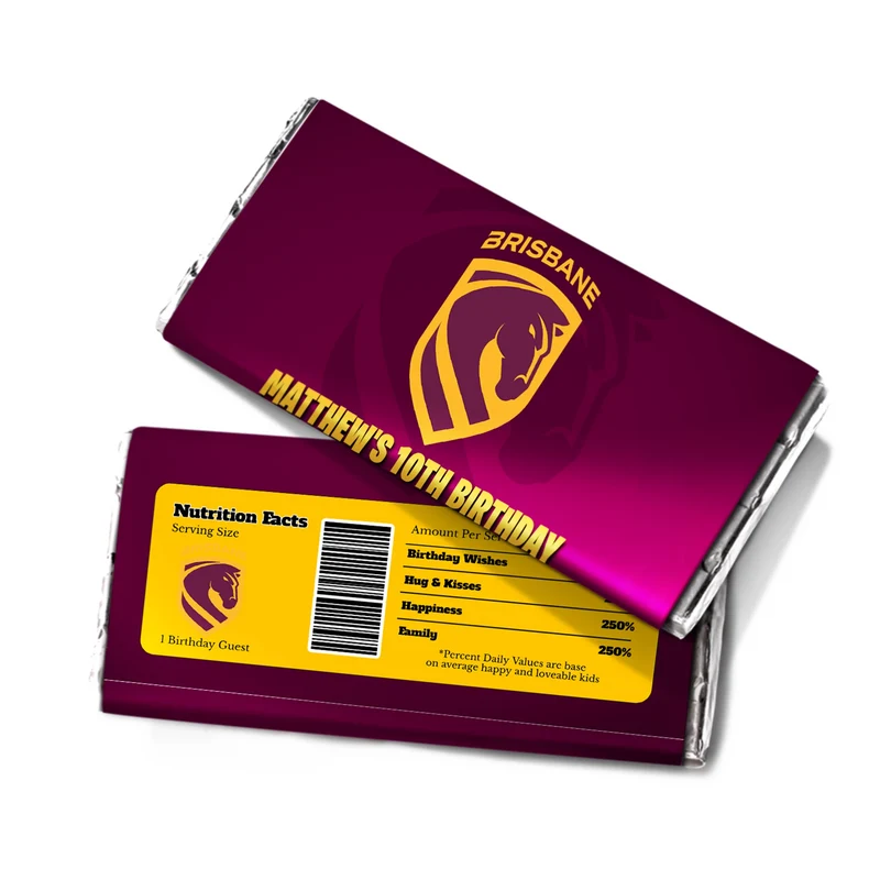 Brisbane Broncos chocolate label wrap featuring a candy bar packaging layout against a white surface