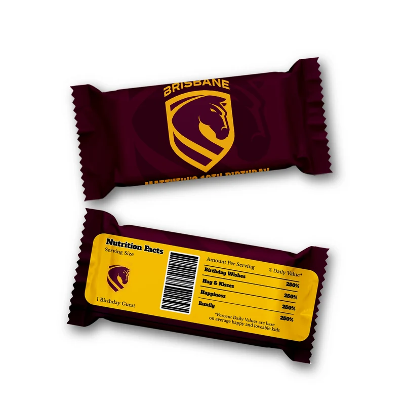 Brisbane Broncos Rice Krispies treats and candy bar labels shown together in a sports party snack display