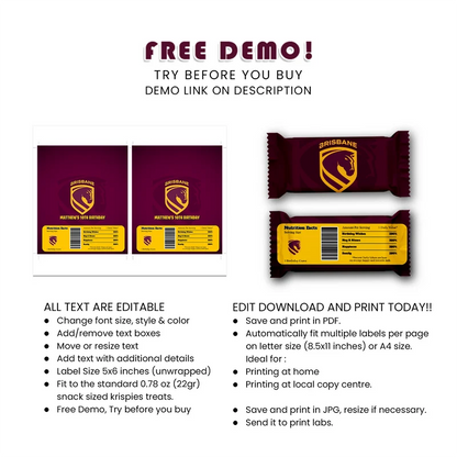 Brisbane Broncos Rice Krispies Treats Label & Candy Bar Label Digital Download