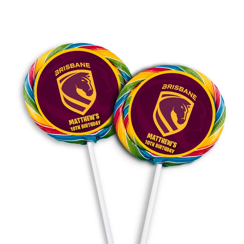 Brisbane Broncos lollipop label mockup featuring a round team logo sticker design attached to a clear wrapper