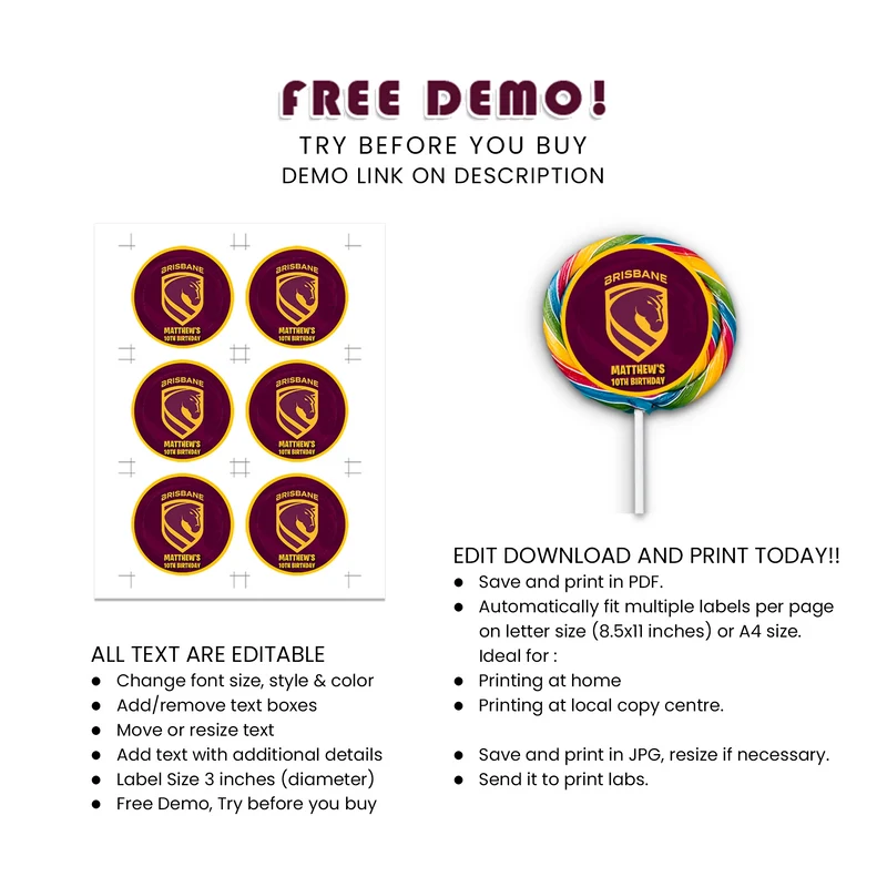 Brisbane Broncos Lollipop Label Printable Digital Download