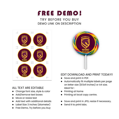 Brisbane Broncos Lollipop Label Printable Digital Download