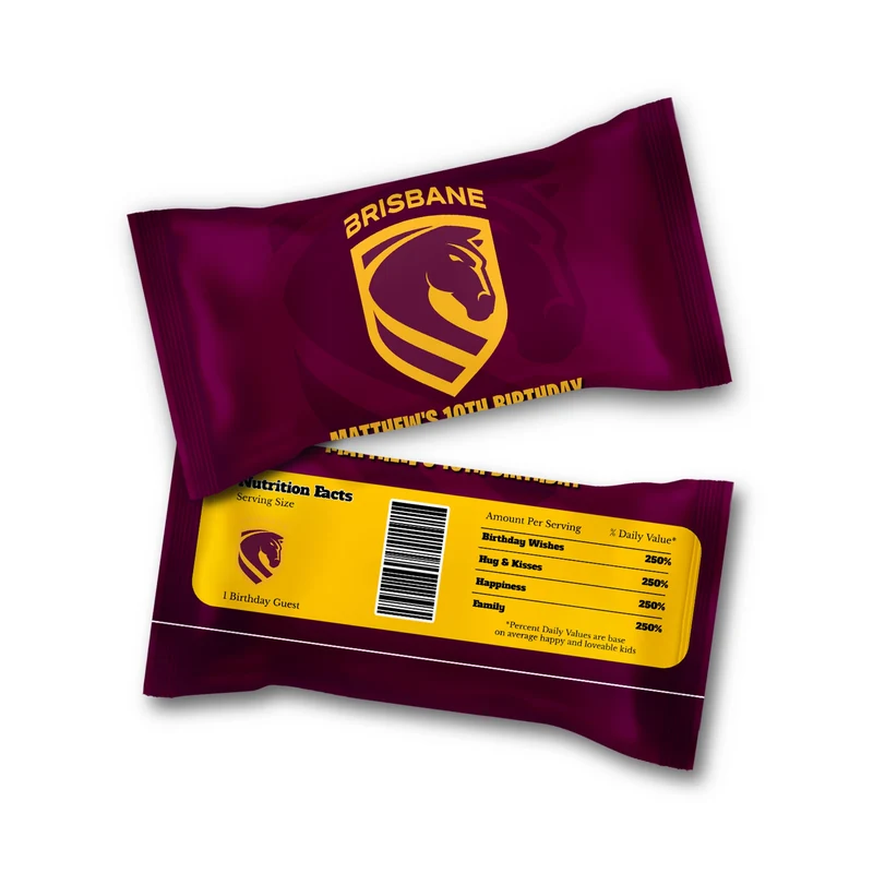 Brisbane Broncos Skittles label wrap showing a team candy packaging layout displayed on a neat tabletop