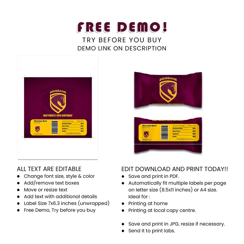 Brisbane Broncos Skittles Label Printable Digital Download