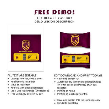 Brisbane Broncos Skittles Label Printable Digital Download