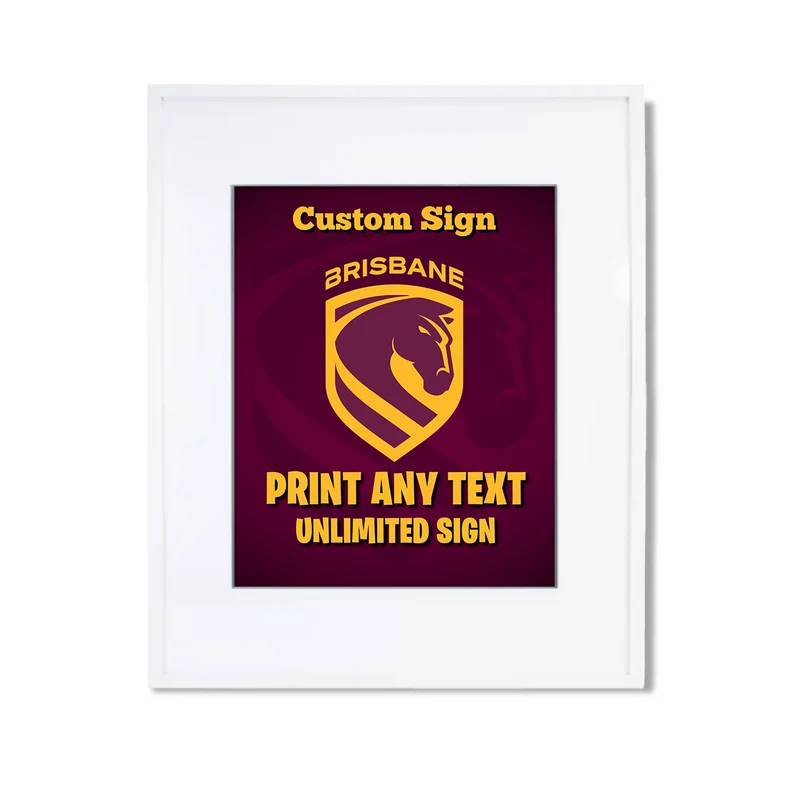 Brisbane Broncos custom sign template featuring a sports party layout inside a modern white picture frame
