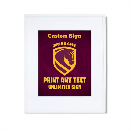 Brisbane Broncos custom sign template featuring a sports party layout inside a modern white picture frame