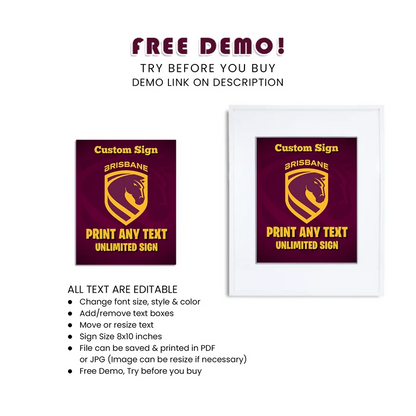 Brisbane Broncos Custom Sign Printable Digital Download