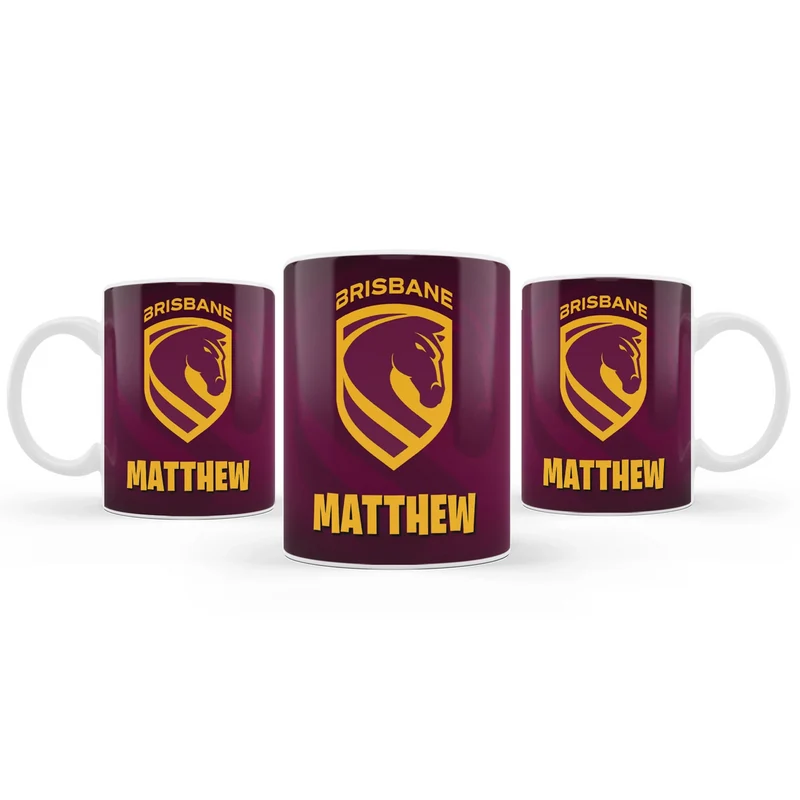 Brisbane Broncos sublimation mug design featuring a graphic layout wrapped around a white ceramic mug