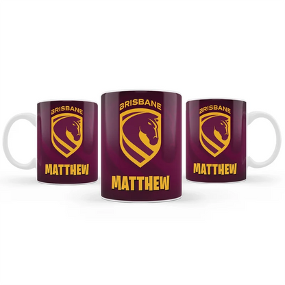 Brisbane Broncos sublimation mug design featuring a graphic layout wrapped around a white ceramic mug