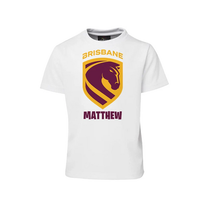 Brisbane Broncos sublimation T-shirt mockup showing a graphic layout printed on a white cotton shirt