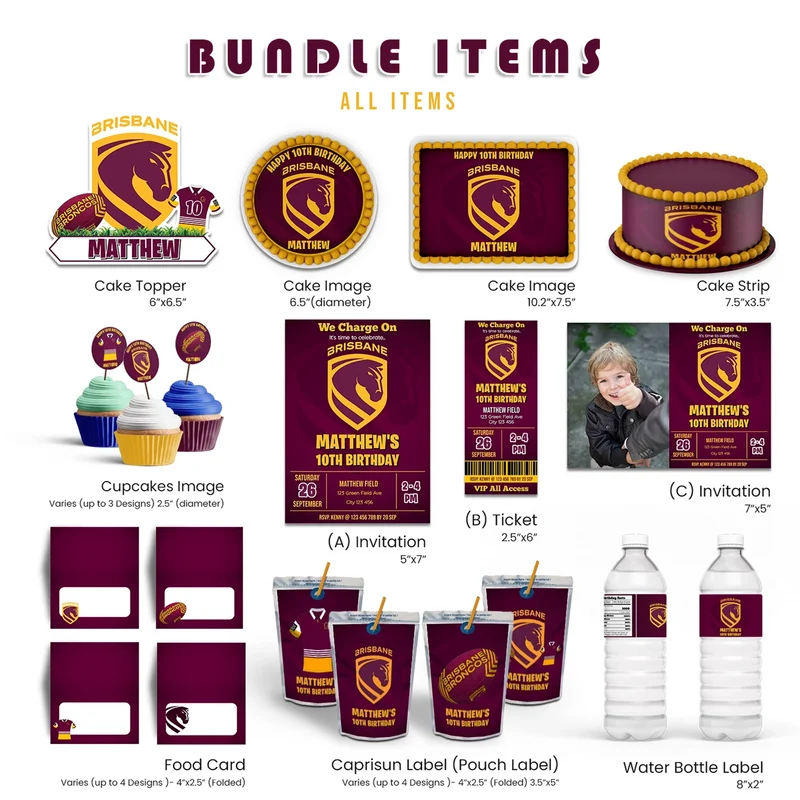 Brisbane Broncos personalized party pack template with maroon and gold sports decorations in a flat lay mockup layout