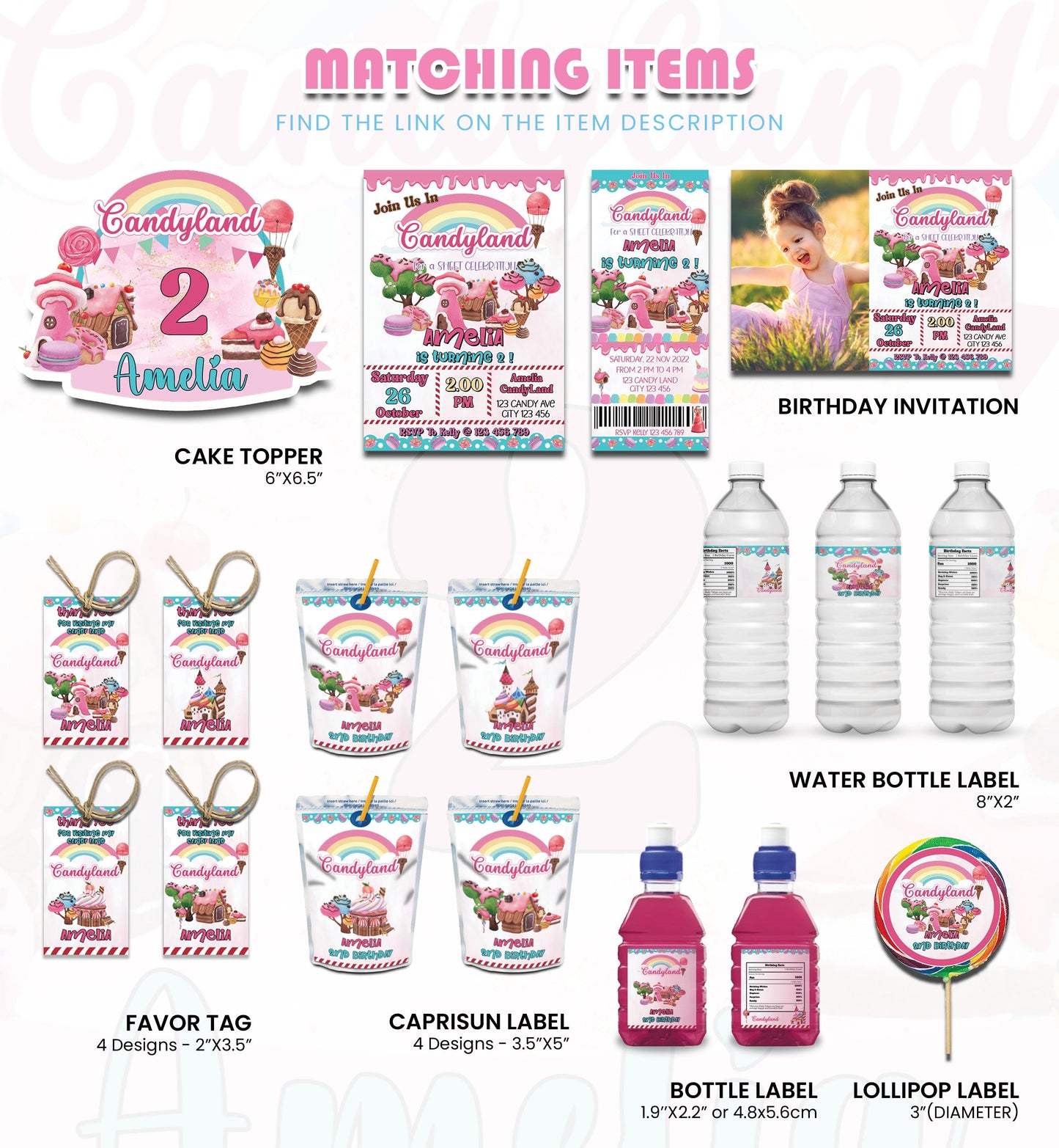 Candy Land Personalized Digital Template Party Pack with editable decorations and matching party printables