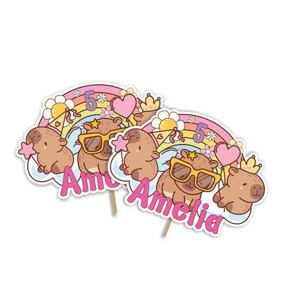 Capybara personalized cake toppers with custom name and age displayed as a colorful 3D paper craft mockup