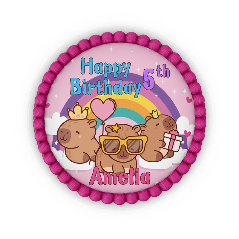 Capybara personalized edible icing cake images with vibrant circular animal portraits on a white background
