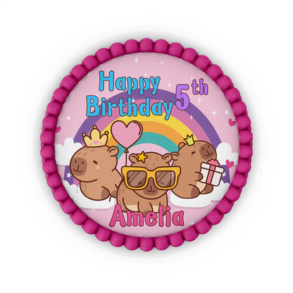 Capybara personalized edible icing cake images with vibrant circular animal portraits on a white background