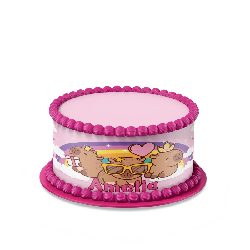 Capybara personalized cake strips image featuring brown edible borders and floral patterns for custom cakes