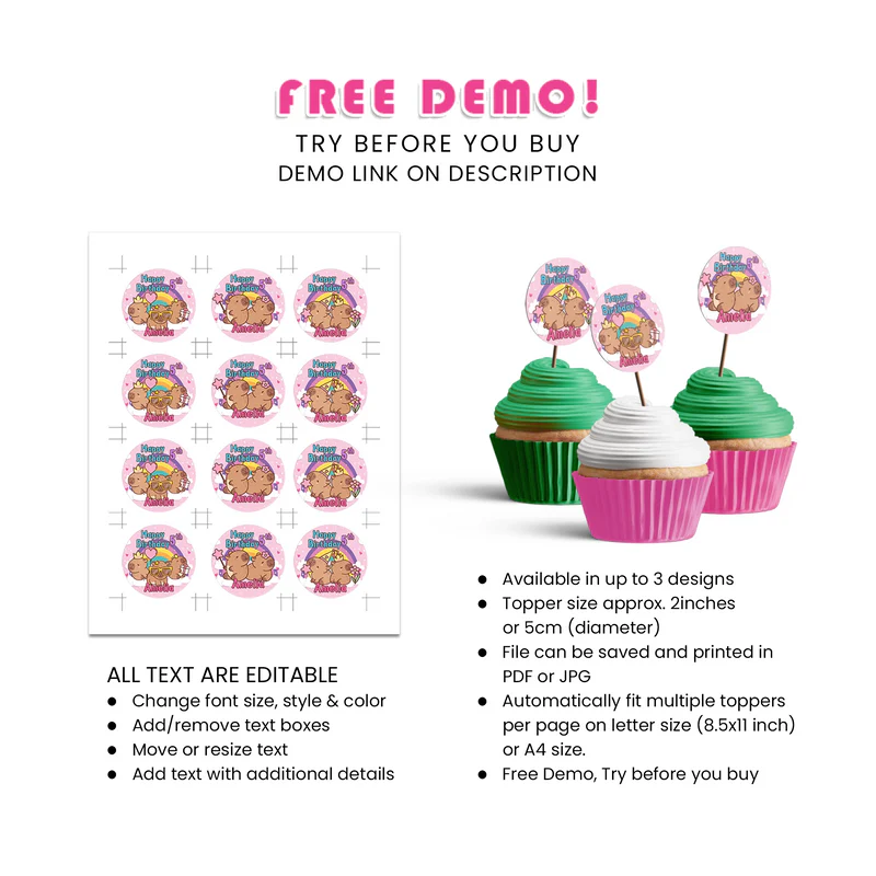 Buy Capybara Personalized Cupcake Toppers - Custom Party Decor