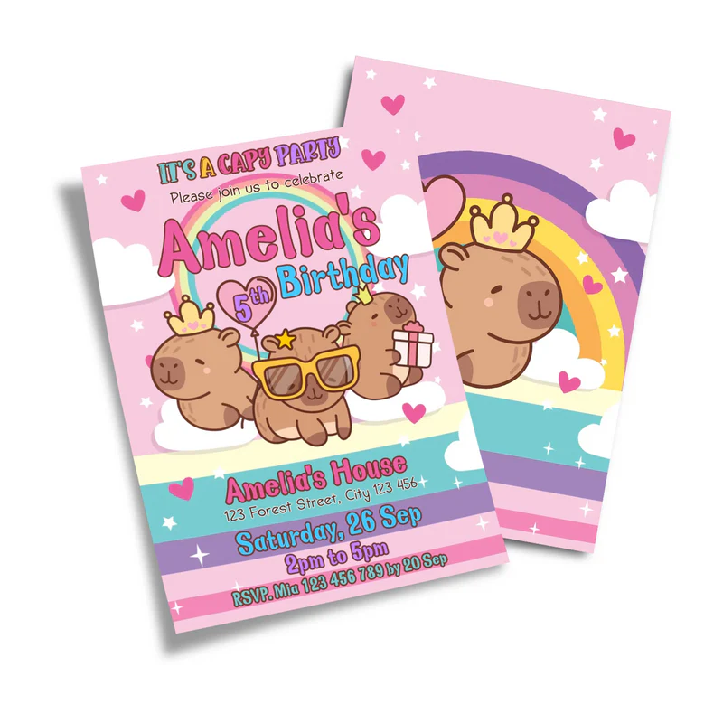 Capybara personalized birthday card invitations with festive brown and green illustrations and custom text