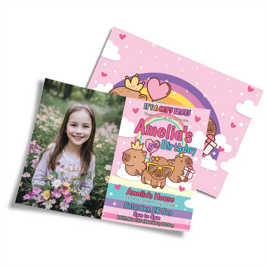 Capybara personalized photo card invitations featuring a custom portrait and cute animal border on white