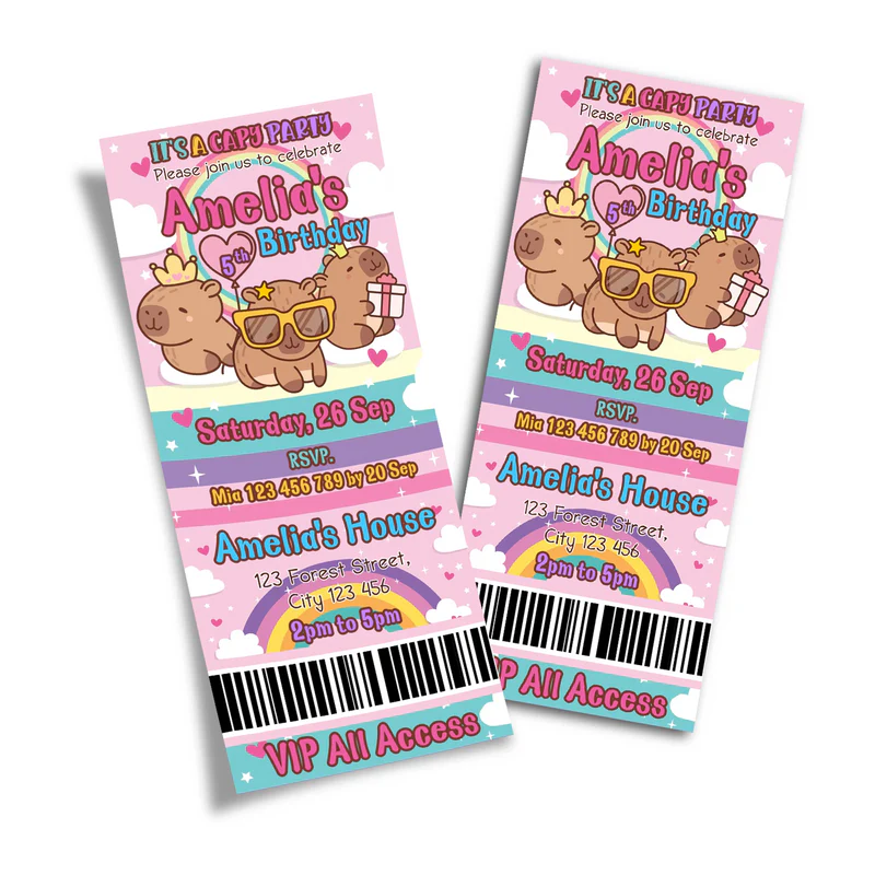 Capybara personalized birthday ticket invitations styled as colorful event passes with custom party details