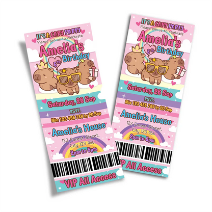 Capybara personalized birthday ticket invitations styled as colorful event passes with custom party details