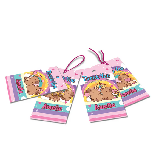 Capybara thank you tags with personalized name and cute animal illustration for birthday party favor gifts