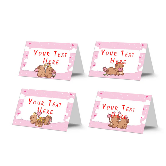 Capybara food cards featuring custom text on folded brown and green themed buffet tent labels flat lay