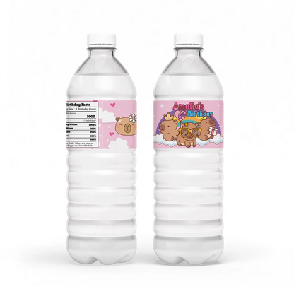 Capybara water bottle label with personalized name and waterproof animal pattern on a blue background