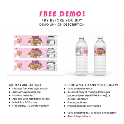Capybara Water Bottle Label - Personalized Party Drink Wraps