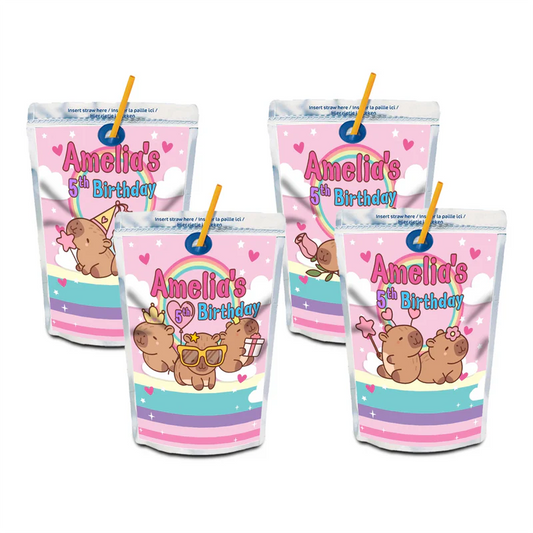 Capybara juice pouch label showing a custom rectangular sticker with cute themed graphics for party drinks