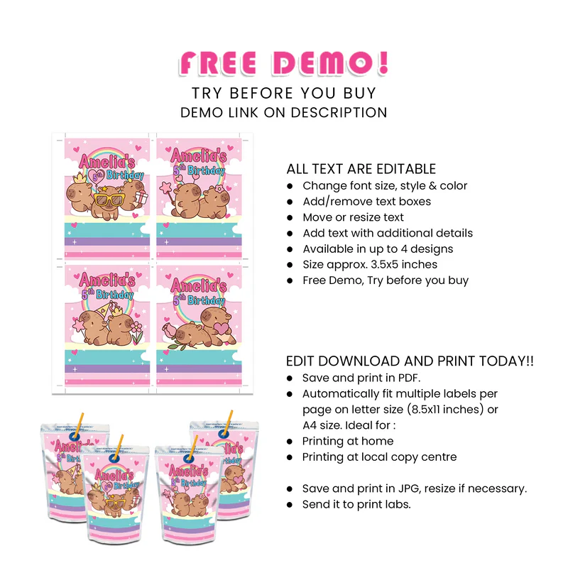 Capybara Juice Pouch Label - Personalized Drink Stickers